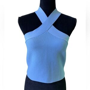 Miss Love Sculpt Knit Ribbed Halter Tank Top Blue Womens Large